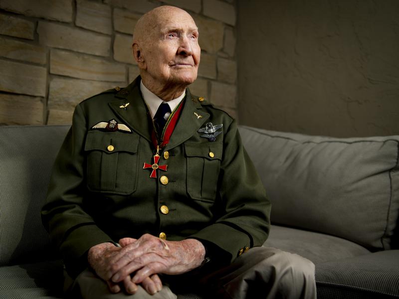 Gail Halvorsen, also know as the "Candy Bomber", poses for a portrait at his son's home in Midway, Utah, in 2020. Halvorsen, who was known for his airdrops of sweets during the Berlin airlift after World War II ended, died Wednesday at the age of 101. Gail Halvorsen, also know as the "Candy Bomber", poses for a portrait at his son's home in Midway, Utah, in 2020. Halvorsen, who was known for his airdrops of sweets during the Berlin airlift after World War II ended, died Wednesday at the age of 101.
