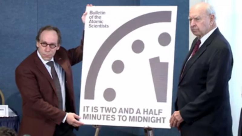 The Bulletin of the Atomic Scientists announced during a news conference Thursday that its advisory group is moving the Doomsday Clock 30 seconds closer to midnight. The Bulletin of the Atomic Scientists announced during a news conference Thursday that its advisory group is moving the Doomsday Clock 30 seconds closer to midnight.