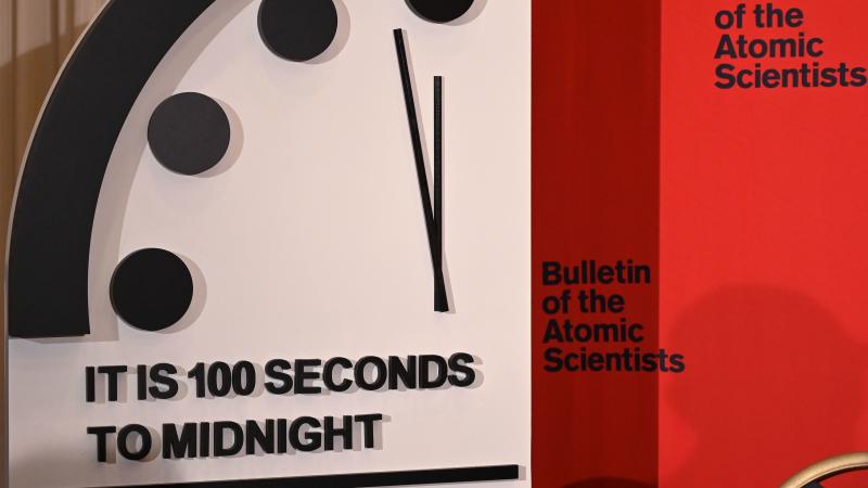 The Doomsday Clock reads 100 seconds to midnight, a decision made by the Bulletin of the Atomic Scientists that was announced Thursday. The clock is intended to represent the danger of global catastrophe. The Doomsday Clock reads 100 seconds to midnight, a decision made by the Bulletin of the Atomic Scientists that was announced Thursday. The clock is intended to represent the danger of global catastrophe.