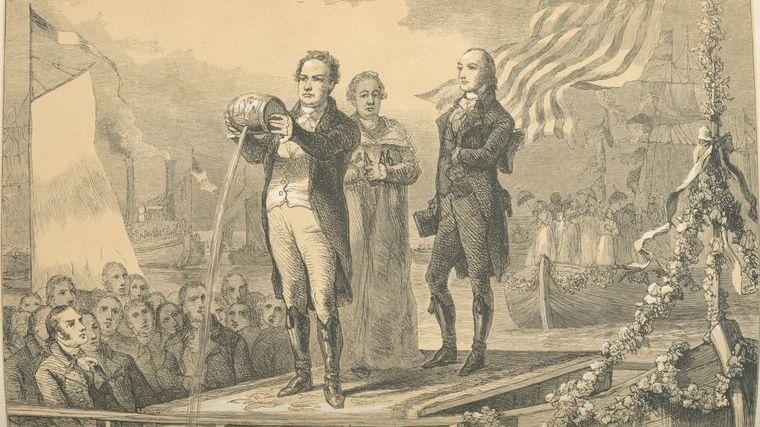 DeWitt Clinton pours water from Lake Erie into the Atlantic Ocean after completion of the Erie Canal. DeWitt Clinton pours water from Lake Erie into the Atlantic Ocean after completion of the Erie Canal.
