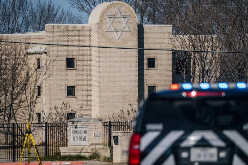 A law enforcement vehicle sits in front of the Congregation Beth Israel synagogue on January 16, 2022 in Colleyville, Texas. All four people who were held hostage at the Congregation Beth Israel synagogue have been safely released after more than 10 hours A law enforcement vehicle sits in front of the Congregation Beth Israel synagogue on January 16, 2022 in Colleyville, Texas. All four people who were held hostage at the Congregation Beth Israel synagogue have been safely released after more than 10 hours