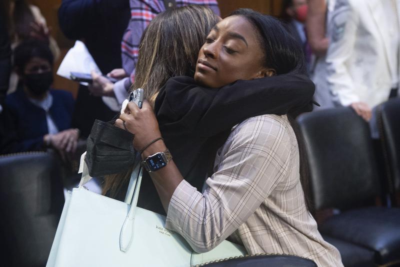 United States gymnasts Kaylee Lorincz and Simone Biles hug after a Senate Judiciary hearing about the Inspector General's report on the FBI's handling of the Larry Nassar investigation on Sept. 15, 2021. United States gymnasts Kaylee Lorincz and Simone Biles hug after a Senate Judiciary hearing about the Inspector General's report on the FBI's handling of the Larry Nassar investigation on Sept. 15, 2021.