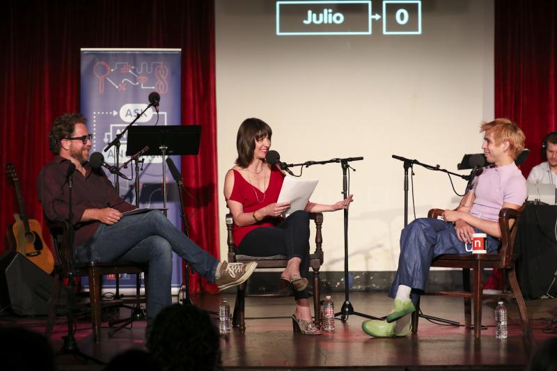 Jonathan Coulton and Ophira Eisenberg lead a game with Julio Torres on Ask Me Another at the Bell House in Brooklyn, New York. Jonathan Coulton and Ophira Eisenberg lead a game with Julio Torres on Ask Me Another at the Bell House in Brooklyn, New York.