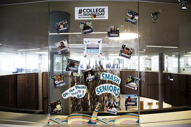 Pictures of Kapor Klein's SMASH scholars and which college they will attend are on display in the office. Pictures of Kapor Klein's SMASH scholars and which college they will attend are on display in the office.