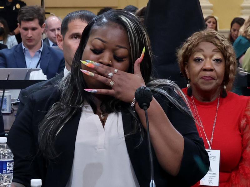 Wandrea "Shaye" Moss, a former Georgia election worker, becomes emotional while testifying about how being singled out in false claims that the 2020 election was stolen from Donald Trump has ruined her life. Wandrea "Shaye" Moss, a former Georgia election worker, becomes emotional while testifying about how being singled out in false claims that the 2020 election was stolen from Donald Trump has ruined her life.