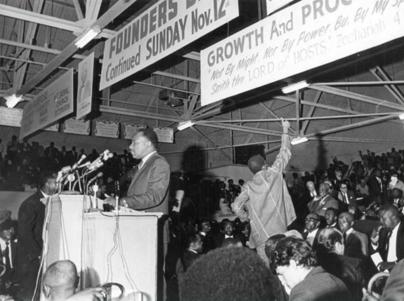 Martin Luther King, Jr. speaking to a mass meeting at the Mason Temple in support of striking sanitation workers. Martin Luther King, Jr. speaking to a mass meeting at the Mason Temple in support of striking sanitation workers.