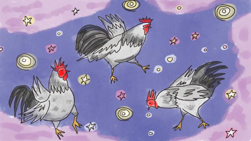 Roosters floating in the celestial sky Roosters floating in the celestial sky