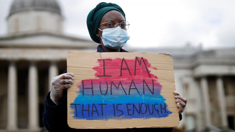 A protester photographed in Trafalgar Square in central London on June 5, 2020. A protester photographed in Trafalgar Square in central London on June 5, 2020.