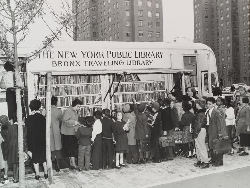 Children in the Bronx visit a New York Public Library bookmobile in the 1950s. The institution turns 125 this year. Children in the Bronx visit a New York Public Library bookmobile in the 1950s. The institution turns 125 this year.