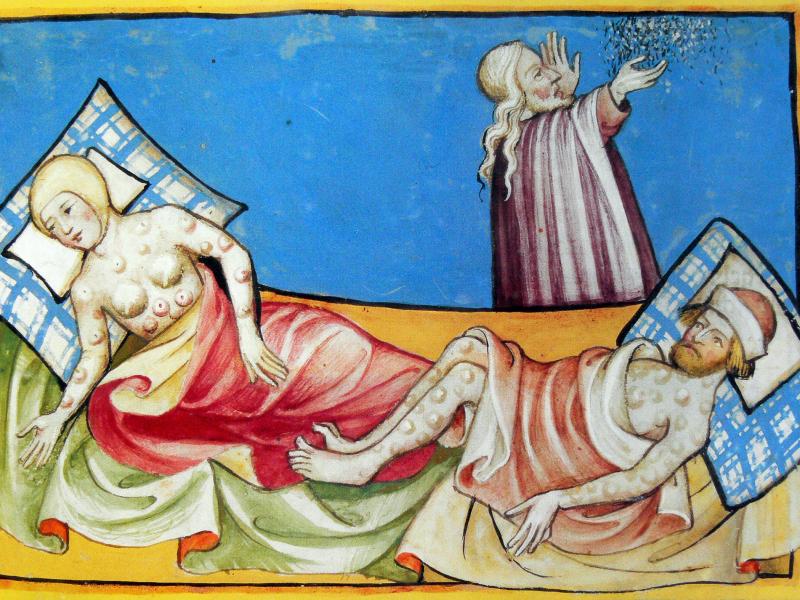 A 15th-century Bible depicts a couple suffering from the blisters of bubonic plague. The same bacterium that ravaged medieval Europe, where the disease was known as the "black death," occasionally re-emerges. A 15th-century Bible depicts a couple suffering from the blisters of bubonic plague. The same bacterium that ravaged medieval Europe, where the disease was known as the "black death," occasionally re-emerges.