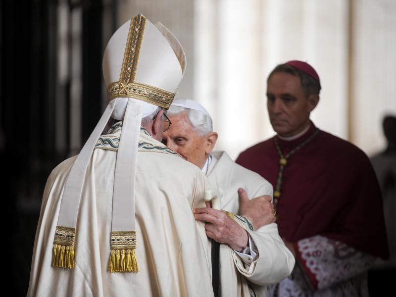 Pope Francis meets Pope Emeritus Benedict XVI prior to the opening of the Holy Door of St. Peter's Basilica on Dec. 8, 2015 in Vatican City, Vatican. Pope Francis meets Pope Emeritus Benedict XVI prior to the opening of the Holy Door of St. Peter's Basilica on Dec. 8, 2015 in Vatican City, Vatican.