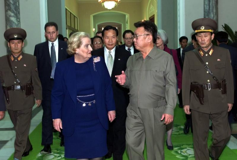 North Korean leader Kim Jong Il and Secretary of State Madeleine Albright met in Pyongyang on Oct. 23, 2000. Tong Kim (between Albright and Kim) served as the State Department interpreter. North Korean leader Kim Jong Il and Secretary of State Madeleine Albright met in Pyongyang on Oct. 23, 2000. Tong Kim (between Albright and Kim) served as the State Department interpreter.