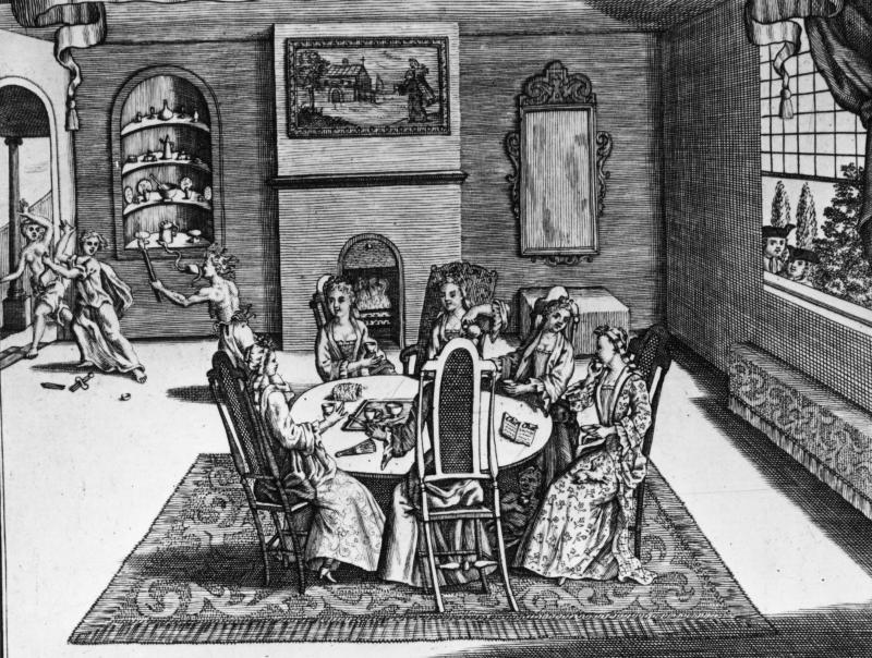 A satire of women's social discourse in the Queen Anne period depicts six women taking tea in a parlor, with figures on the left signifying hidden emotions and power struggles behind a genteel facade. Circa 1710. A satire of women's social discourse in the Queen Anne period depicts six women taking tea in a parlor, with figures on the left signifying hidden emotions and power struggles behind a genteel facade. Circa 1710.