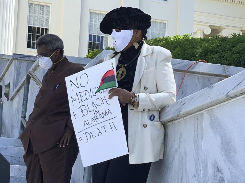 Rose Sanders urges Alabama Gov. Kay Ivey to expand Medicaid during a news conference on April 14 at the state Capitol in Montgomery, Ala. Rose Sanders urges Alabama Gov. Kay Ivey to expand Medicaid during a news conference on April 14 at the state Capitol in Montgomery, Ala.