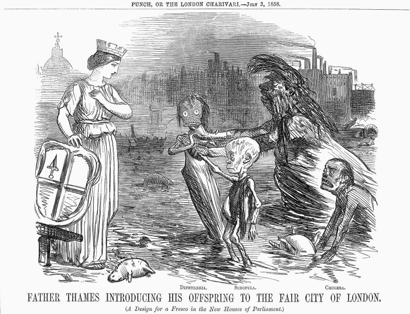 The three sickly beings in this 19th-century drawing represent diphtheria, scrofula (a form of tuberculosis) and cholera. The woman symbolizes the city of London. The three sickly beings in this 19th-century drawing represent diphtheria, scrofula (a form of tuberculosis) and cholera. The woman symbolizes the city of London.