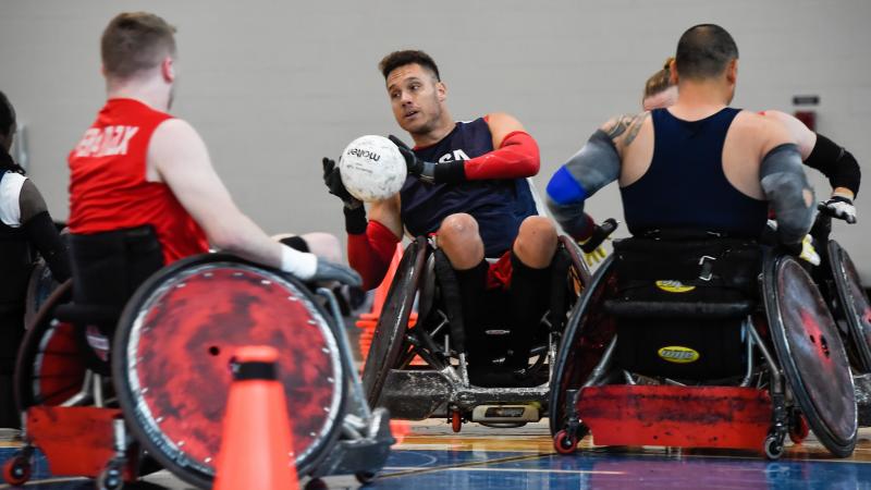 Joe Delagrave (c) is co-captain of the USA Wheelchair Rugby team. The squad was practicing at a recent training camp in Birmingham, Ala. at the U.S. Olympic and Paralympic Training site. Joe Delagrave (c) is co-captain of the USA Wheelchair Rugby team. The squad was practicing at a recent training camp in Birmingham, Ala. at the U.S. Olympic and Paralympic Training site.