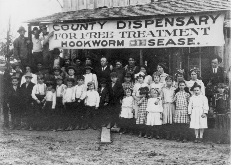 Hookworm was a fact of American life a century ago. In this photo, circa 1912, from Faulkner County, Arkansas, resident gather outside a "dispensary" for free treatment. Hookworm was a fact of American life a century ago. In this photo, circa 1912, from Faulkner County, Arkansas, resident gather outside a "dispensary" for free treatment.