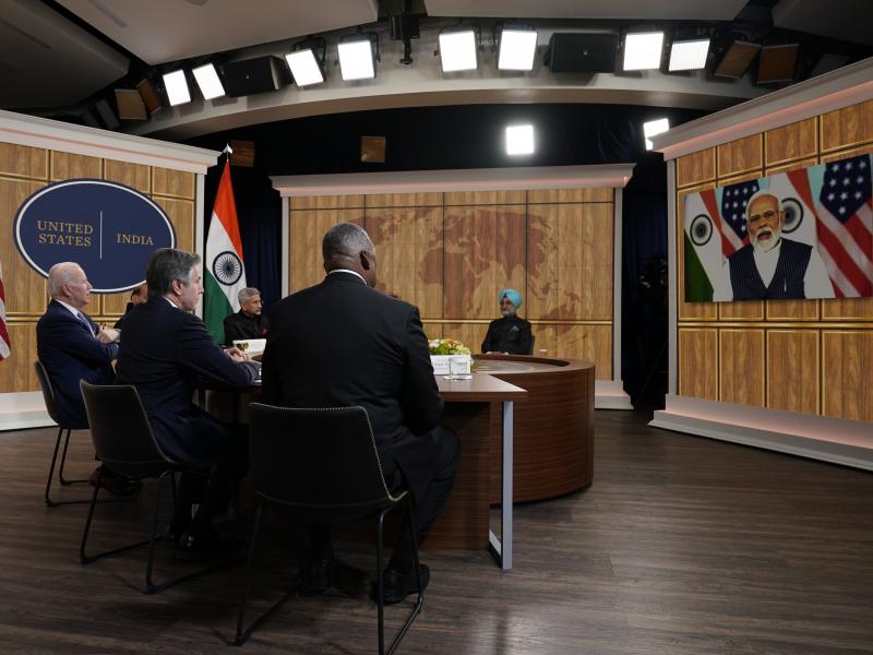 President Biden meets virtually with Indian Prime Minister Narendra Modi in the South Court Auditorium on the White House campus in Washington on Monday. President Biden meets virtually with Indian Prime Minister Narendra Modi in the South Court Auditorium on the White House campus in Washington on Monday.
