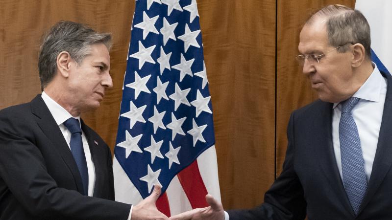 U.S. Secretary of State Antony Blinken greets Russian Foreign Minister Sergey Lavrov before their meeting on Friday in Geneva. U.S. Secretary of State Antony Blinken greets Russian Foreign Minister Sergey Lavrov before their meeting on Friday in Geneva.