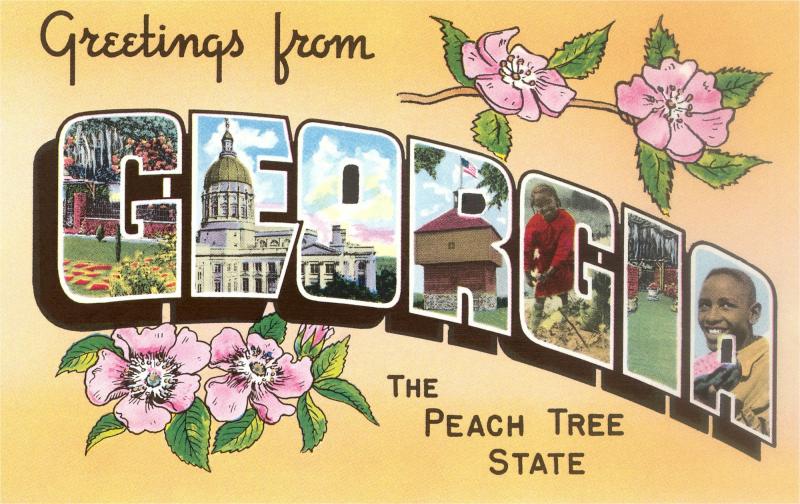 A vintage postcard from the Peach Tree State. Georgia isn't the biggest producer of the pink-orange fruit. So why are its peaches so iconic? The answer has a lot to do with slavery — its end and a need for the South to rebrand itself. A vintage postcard from the Peach Tree State. Georgia isn't the biggest producer of the pink-orange fruit. So why are its peaches so iconic? The answer has a lot to do with slavery — its end and a need for the South to rebrand itself.