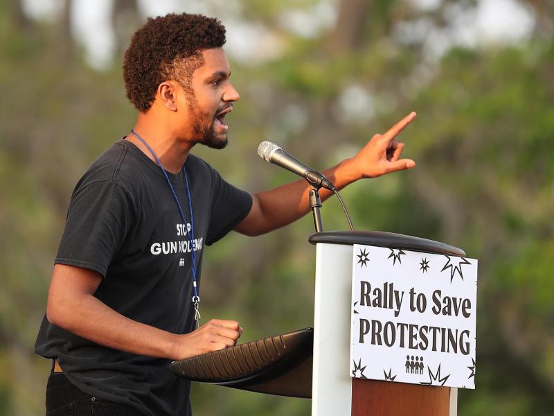 Maxwell Frost, then the National Organizing Director for March For Our Lives, speaks during a March For Our Lives Florida drive-in rally and aid event. Maxwell Frost, then the National Organizing Director for March For Our Lives, speaks during a March For Our Lives Florida drive-in rally and aid event.