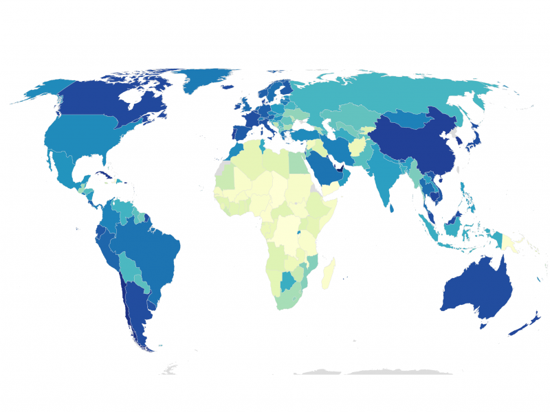 A world map showing the percentage of people in each country that are fully vaccinated against covid-19. A world map showing the percentage of people in each country that are fully vaccinated against covid-19.