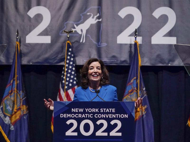 New York Gov. Kathy Hochul speaks during the New York State Democratic Convention. New York Gov. Kathy Hochul speaks during the New York State Democratic Convention.