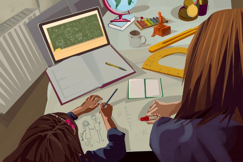 Illustration of mother helping her daughter with math during video call class with professor at home. Illustration of mother helping her daughter with math during video call class with professor at home.