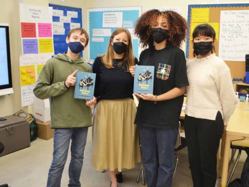 Three of the student authors of Who Is Florence Price? (left to right: Sebastián Núñez, Hazel Peebles and Sophia Shao), joined by their English teacher, Shannon Potts. Three of the student authors of Who Is Florence Price? (left to right: Sebastián Núñez, Hazel Peebles and Sophia Shao), joined by their English teacher, Shannon Potts.