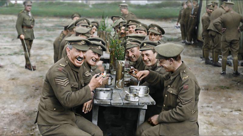 Peter Jackson restores archival footage of British soldiers enjoying a meal in the documentary They Shall Not Grow Old. Peter Jackson restores archival footage of British soldiers enjoying a meal in the documentary They Shall Not Grow Old.