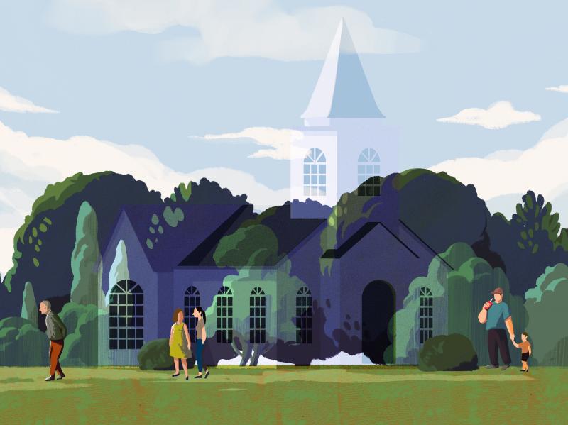 An illustration of a church vanishing as people walk by. An illustration of a church vanishing as people walk by.