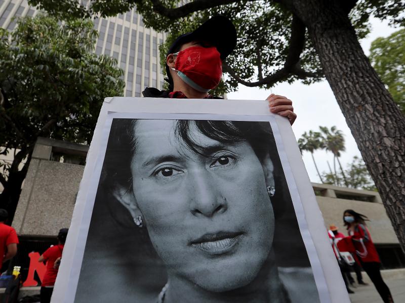 Members of the Burmese-American community hold a demonstration outside the Office of the Consulate General of Myanmar in Los Angeles in April. Members of the Burmese-American community hold a demonstration outside the Office of the Consulate General of Myanmar in Los Angeles in April.