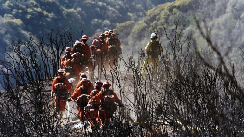 In this photo provided by the Santa Barbara County Fire Department, CAL FIRE Inmate Firefighting Hand Crew members hike through the charred landscape on their way to work east of Gibraltar Road above Montecito, Calif., earlier this wee. In this photo provided by the Santa Barbara County Fire Department, CAL FIRE Inmate Firefighting Hand Crew members hike through the charred landscape on their way to work east of Gibraltar Road above Montecito, Calif., earlier this wee.