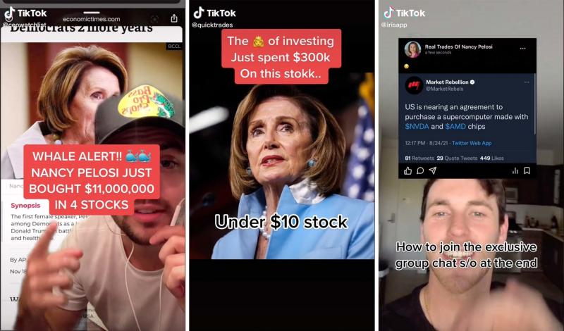 A community of young investors on TikTok, including @ceowatchlist, @quicktrades and @irisapp, are using House Speaker Nancy Pelosi's stock trading disclosures as inspiration for where to invest themselves. One user called Pelosi the market's "biggest whal A community of young investors on TikTok, including @ceowatchlist, @quicktrades and @irisapp, are using House Speaker Nancy Pelosi's stock trading disclosures as inspiration for where to invest themselves. One user called Pelosi the market's "biggest whal