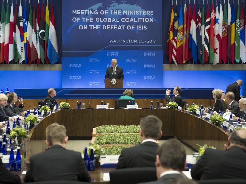 Secretary of State Rex Tillerson speaks Wednesday at the meeting of the Global Coalition on the Defeat of ISIS in Washington. Top officials from the 68-nation coalition are looking to increase pressure on ISIS. Secretary of State Rex Tillerson speaks Wednesday at the meeting of the Global Coalition on the Defeat of ISIS in Washington. Top officials from the 68-nation coalition are looking to increase pressure on ISIS.