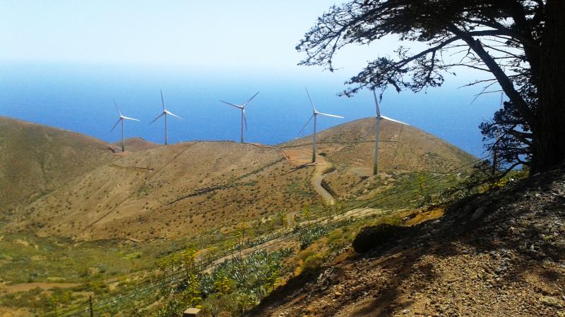 Five industrial wind turbines form part of the Gorona del Viento power plant on the island of El Hierro. By the end of this year, the power plant is set to generate 100 percent of the energy El Hierro needs, making it the world's first energy-independent Five industrial wind turbines form part of the Gorona del Viento power plant on the island of El Hierro. By the end of this year, the power plant is set to generate 100 percent of the energy El Hierro needs, making it the world's first energy-independent