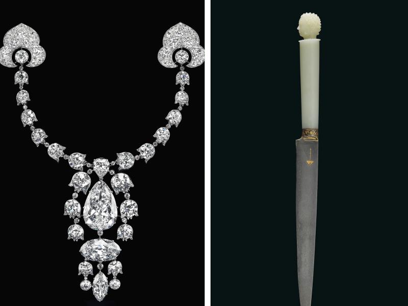 Diamond brooch with five different cuts of diamonds (left), Shah Jahan's dagger and The Mirror of Paradise is a 52.58-carat diamond ring are part of an auction expected to fetch more than $115 million. Diamond brooch with five different cuts of diamonds (left), Shah Jahan's dagger and The Mirror of Paradise is a 52.58-carat diamond ring are part of an auction expected to fetch more than $115 million.