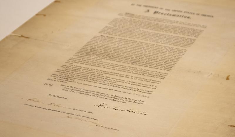 A signed copy of Emancipation Proclamation. A signed copy of Emancipation Proclamation.