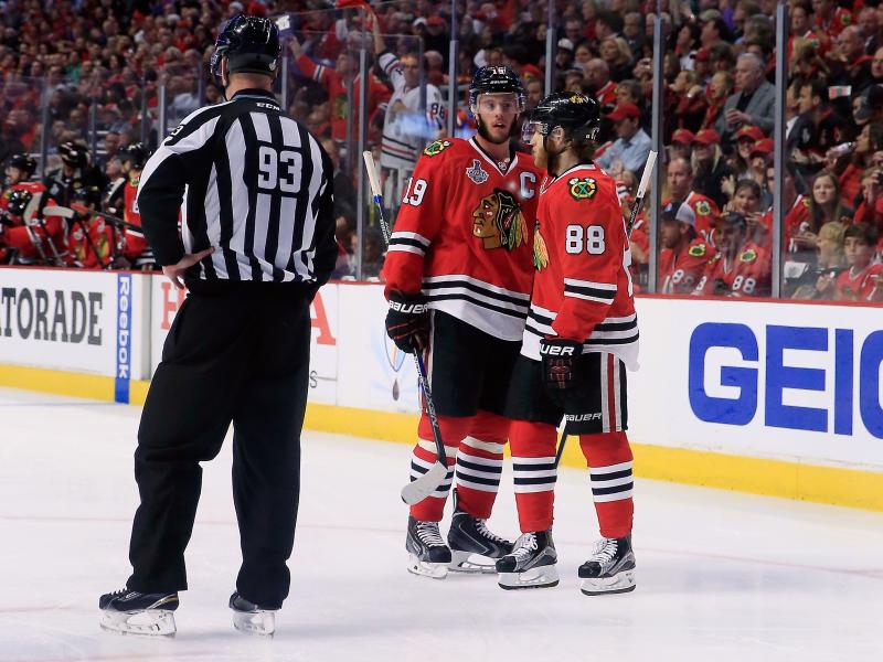 Chicago Blackhawks Jonathan Toews (19) and Patrick Kane (88) confer during Monday's Stanley Cup Final game against the Tampa Bay Lightning. Chicago Blackhawks Jonathan Toews (19) and Patrick Kane (88) confer during Monday's Stanley Cup Final game against the Tampa Bay Lightning.