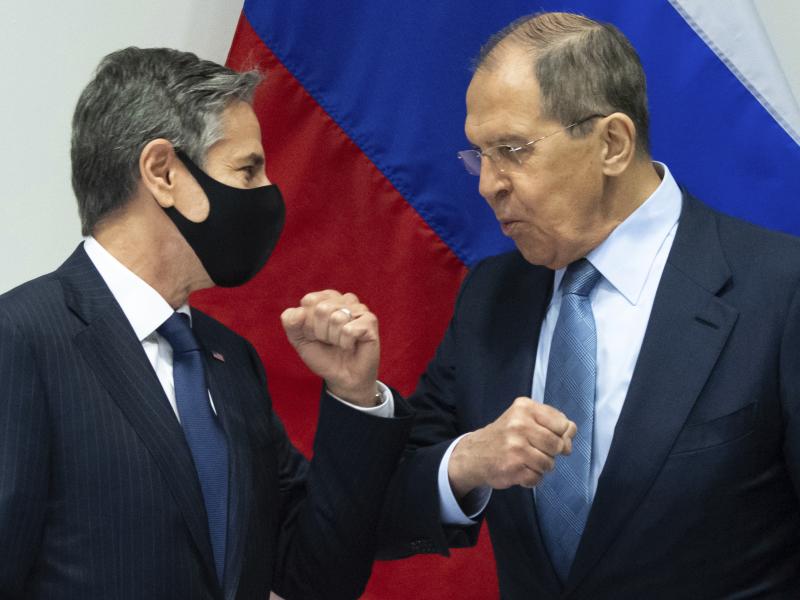 U.S. Secretary of State Antony Blinken (left) greets Russian Foreign Minister Sergey Lavrov as they arrive for a meeting at the Harpa Concert Hall in Reykjavik, Iceland, on Wednesday. U.S. Secretary of State Antony Blinken (left) greets Russian Foreign Minister Sergey Lavrov as they arrive for a meeting at the Harpa Concert Hall in Reykjavik, Iceland, on Wednesday.