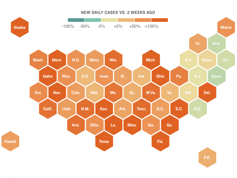 Map showing change in U.S. COVID-19 cases (as of July 3) Map showing change in U.S. COVID-19 cases (as of July 3)