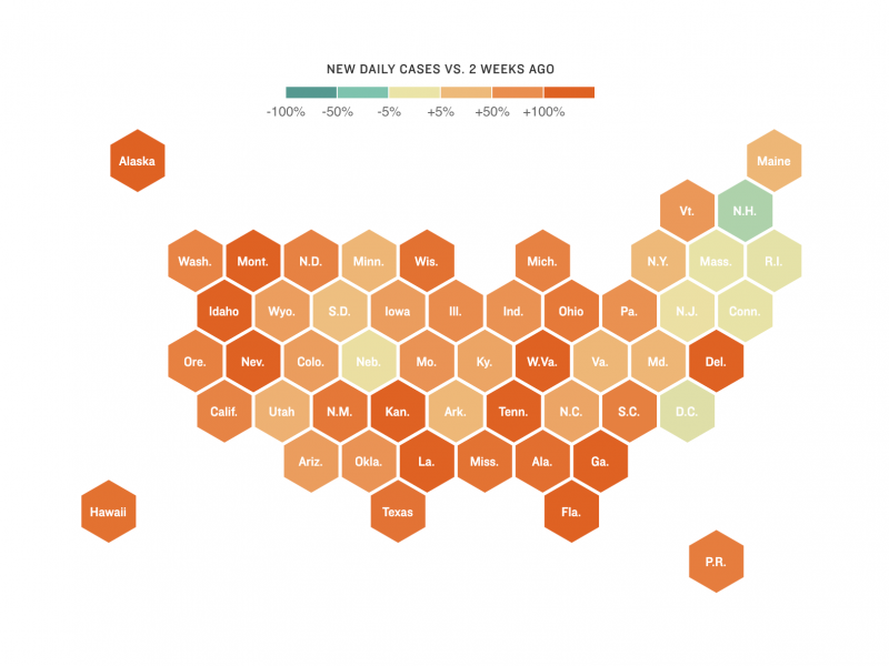 Map showing change in U.S. COVID-19 cases (as of July 8) Map showing change in U.S. COVID-19 cases (as of July 8)