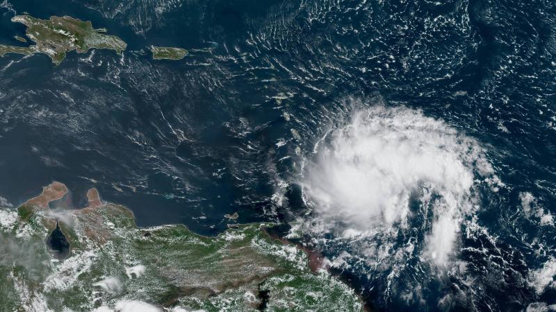 A satellite image taken Monday shows Tropical Storm Dorian heading westward toward the Caribbean Sea. The storm could become Hurricane Dorian by late Tuesday, forecasters say. A satellite image taken Monday shows Tropical Storm Dorian heading westward toward the Caribbean Sea. The storm could become Hurricane Dorian by late Tuesday, forecasters say.
