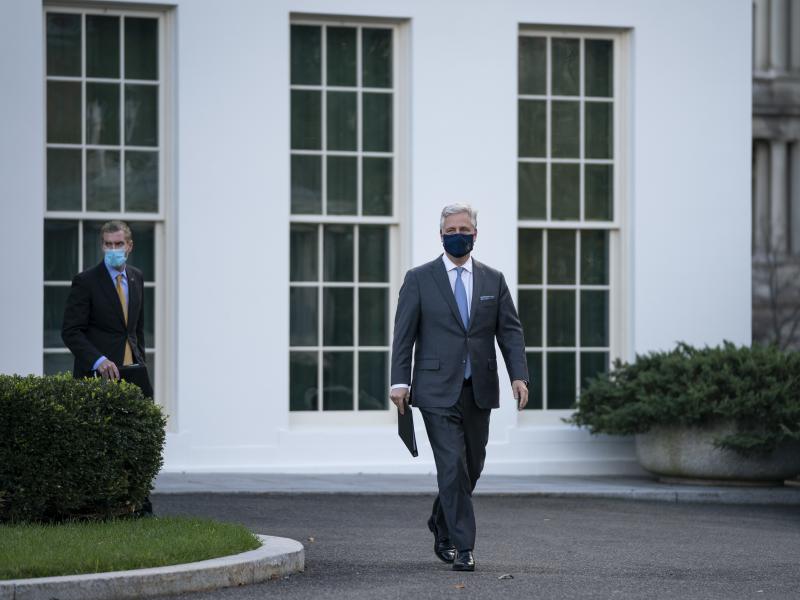 National security adviser Robert O'Brien arrives to speak to reporters outside the White House on Tuesday. O'Brien announced that President Trump has ordered 2500 U.S. troops to be withdrawn from Afghanistan and Iraq by Jan. 15. National security adviser Robert O'Brien arrives to speak to reporters outside the White House on Tuesday. O'Brien announced that President Trump has ordered 2500 U.S. troops to be withdrawn from Afghanistan and Iraq by Jan. 15.