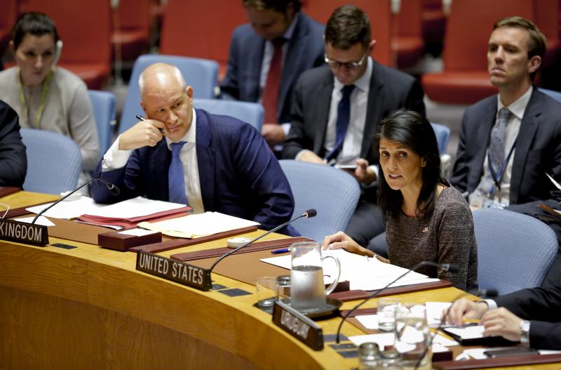 U.S. Ambassador to the United Nations Nikki Haley addresses the U.N. Security Council earlier this month. U.S. Ambassador to the United Nations Nikki Haley addresses the U.N. Security Council earlier this month.