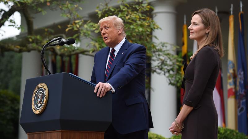 President Trump announces his Supreme Court nominee, Judge Amy Coney Barrett, in the Rose Garden of the White House on Saturday. President Trump announces his Supreme Court nominee, Judge Amy Coney Barrett, in the Rose Garden of the White House on Saturday.
