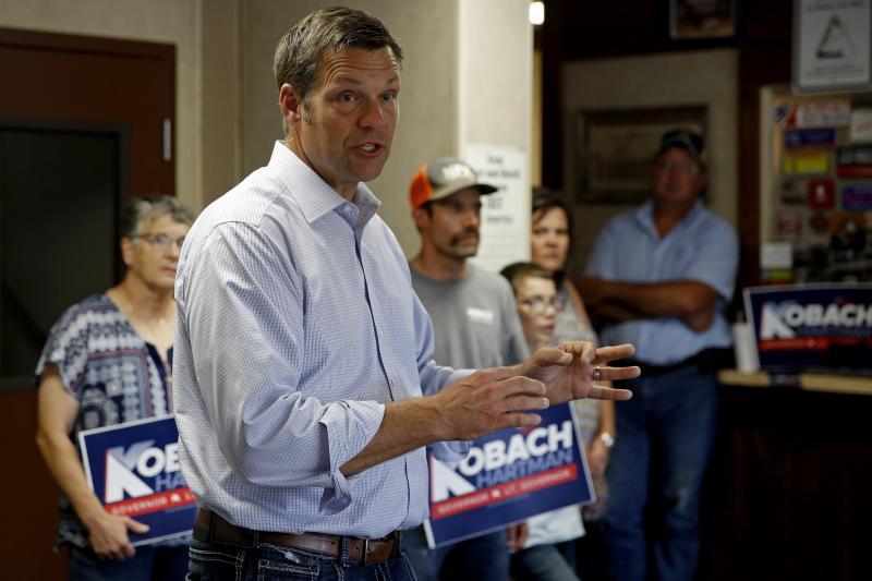 Kansas Secretary of State Kris Kobach and candidate for the Republican nomination for Kansas Governor addresses supporters during a campaign stop. Kansas Secretary of State Kris Kobach and candidate for the Republican nomination for Kansas Governor addresses supporters during a campaign stop.