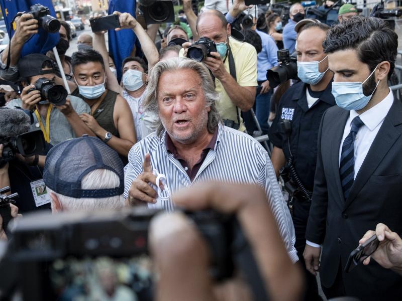 Steve Bannon leaves federal court on Aug. 20 after pleading not guilty to charges he defrauded donors to an online fundraising scheme to build a southern border wall. Steve Bannon leaves federal court on Aug. 20 after pleading not guilty to charges he defrauded donors to an online fundraising scheme to build a southern border wall.