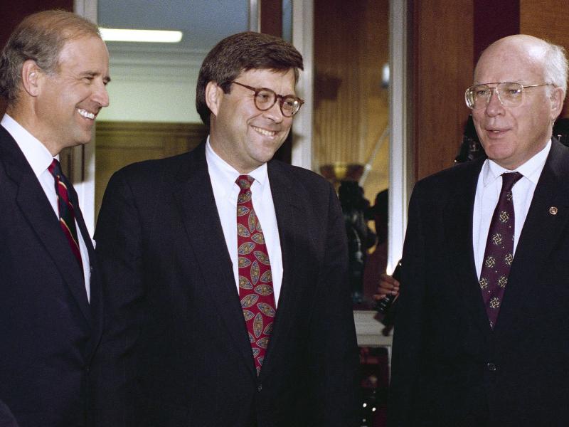 Attorney general nominee William Barr (center) chats with then-Sen. Joe Biden and Sen. Patrick Leahy, D-Vt., before Barr's hearing on Nov. 12, 1991. Attorney general nominee William Barr (center) chats with then-Sen. Joe Biden and Sen. Patrick Leahy, D-Vt., before Barr's hearing on Nov. 12, 1991.