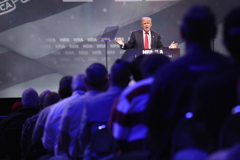Then-presidential candidate Donald Trump speaks at the National Rifle Association's convention in May 2016 in Louisville, Ky. Then-presidential candidate Donald Trump speaks at the National Rifle Association's convention in May 2016 in Louisville, Ky.